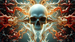 This is a digital artwork, resembling a hyperrealistric acid style ::3 hardsurface nature, biomechanical, impactful, symmetrical composition ::1 capturing intricate details, hyperdetailed, resembling a high-resolution photograph, with a focus on realistic textures and lighting effects to enhance depth in the digital art with flow, action and emotion ::2 skull, death, human