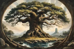 museum quality oil with watercolor underpainting of Yggdrasil, the world tree towering over a circle of ancient Druidic standing stones , in the style of Karl Bodmer, and Winslow Homer, rendered as an aquatint, with a fine art aesthetic, highly detailed , 8k UHD cinegraphic realism, dramatic natural lighting, isometric top down view