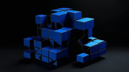 Estructura geométrica modular de bloques entrelazados de color plano saturado en negro mate y azul oscuro, estilo Reinhardt, con una grieta estrecha revelando una constelación estelar en color, técnica de color plano saturado