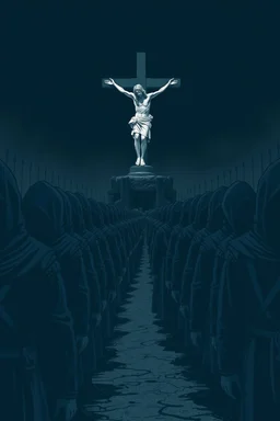 "A conceptual black-and- dark blue, digital illustration of a massive hooded warriors walking in the same direction, heads down, symbolizing conformity. Jesus on the cross in the background, The atmosphere feels lifeless and repetitive, emphasizing the ordinary mindset of the majority."