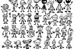 make a bunch of simple hand-drawn spooky and cute cartoon characters with bodies arms, and legs I could draw and make them all different