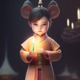 a cute litte rat wearing Hanfu, holding one large candle, BK complex detail, cinema, reality, detail, octane rendering, stoic cinematic 4k epic detailed photograph shot on kodak detailed bokeh cinematic hbo dark moody 8k, 85mm f/16 by leica