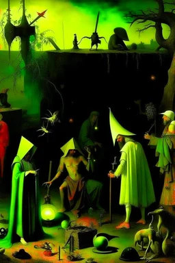 some mysterious figures, odd background, cinematic, Hieronymus Bosch, Max Ernst, vegetal life, rotten, ambient light, cry, ritual