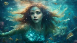 mermaid, beautiful eyes, dancing underwater, scales, double exposure, glare, sparkles, clear lines, detail, fine rendering, high resolution, 64K, photorealism, precise focus, digital painting,