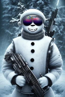 Snow man like a cyborg,with sunglasses,with gun,detail,textures,cinematic