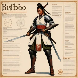 character concept sheet with AD&D statistics and characteristics, [high res photo by Norman Rockwell for Bushido] a female medieval warrior adopt a position close to the Japanese Mahami No Nekoashi Dachi (Kokutso Dachi), moving to squat with legs bent, stretching out his arms, one forward with his sword, the other backward, so that the lower part of his body with the folds of his combat robe resembles a fan turned downward