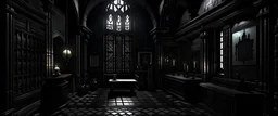 generate a draw minimal style black , a dark room in an old castle with a lot of items