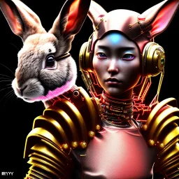 Medium Close Up Portrait, Front image. cyberpunk Asian woman, pink short hair. rabbit mask, latex suit. Red, black, gold, color. Punk style. Gradient background, highly detailed, concept art, smooth, unreal engine 5, god rays, ray tracing, RTX, lumen lighting, ultra detail, volumetric lighting, 3d, finely drawn, high definition, high resolution.