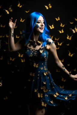 Girl with blue hair in black and gold dress dancing with butterflies