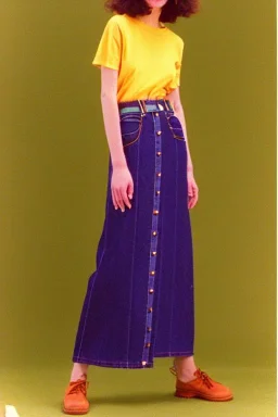 year 1996 denim fashion. Loose skirt, low waist. Colors: denim blue, blue, purple, cream, khaki, light green, lilac, plum, orange, terracotta, red, light yellow, lion yellow, pink, dark blue, beige. Gwen Stephani