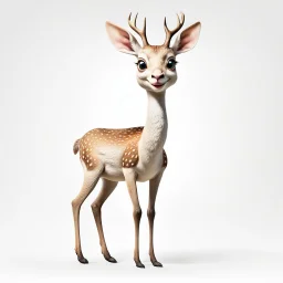 full body of a bald white tail deer standing with big smile facing the left and big eyes looking to the left , on white background, in the style of 'My Little Pony'