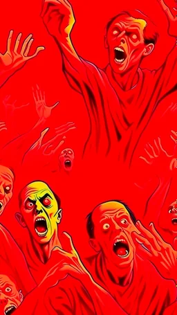 Bosch painting style ,nightmare, a lot of zombies with the hands up looking at you with screaming scary faces all of them in red colours and red background