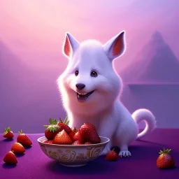 pixar style, volumetric pink sky environment and background, volumetric lighting, dramatic lighting, realistic painting of an strawberry and a beautiful woman eating marmelade, looking friendly, detailed digital painting, extreme dense and fine fur, anime, ornate, colour-washed colors, elegant, small minutiae, tiny features, particulars, centered, smooth, sharp focus, renderman gofur render, 8k, uhd, detailed eyes, realistic shaded volumetric lighting, caustics, backlight