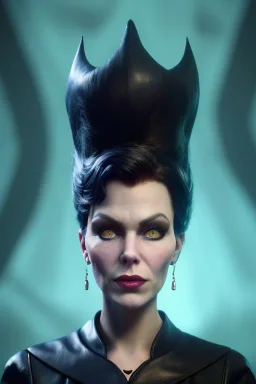 Lene Nystrøm as evil queen in black leather, busty, cleavage, voluptuous, Aqua Lene, angry, stern look. character design by cory loftis, fenghua zhong, ryohei hase, ismail inceoglu and ruan jia. unreal engine 5, artistic lighting, highly detailed, photorealistic, fantasy