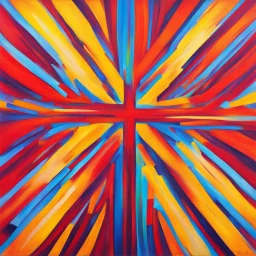 abstract painting, back background, red orange yellow lines the cross each other, each line is different color and size