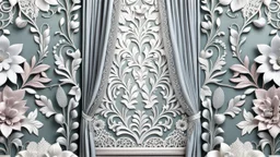 enterior of curtain fashion, combination nice lacy flowers and plants patterns , 3d silver threads ornaments, pastel colors, beauty lacy decoration, high texture, unique elegant, high detailed, sharp focus, photorealistic