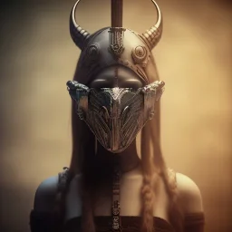 A viking girl with a mask, hr giger, scary, steam punk, realistic, made in octane, cinematic, ultra-realistic, extremely detailed octane rendering, 8K, VRAY Super Real ar 2:3, dof photorealistic futuristic 50mm lens hard lighting dark gray tintype photograph, realistic lighting, sepia color