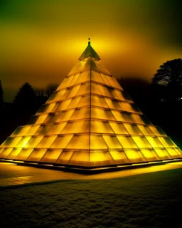 A golden yellow pyramid kingdom with flashing light painted by Piet Mondrian