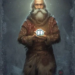 Insanely detailed photograph of an “D&D cleric santa holding glowing D20” with intricate detailed beard, intricate embroidered clothing, hyperdetailed painting by Ismail Inceoglu Huang Guangjian and Dan Witz CGSociety ZBrush Central fantasy art album cover art,8K, hdr, mysterious, ominous, snowflakes,jolly