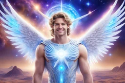 cosmic angelic beautiful men, smiling, with light blue eyes and strong angelic wings, in a magic extraterrestrial landscape with coloured land, stars and bright beam in the sky