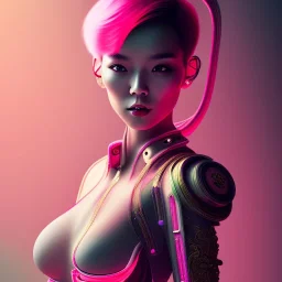 Asian woman, leaning pose, rabbit mask, pink short hair, latex suit, highly detailed,cyberpunk, natural tones, ornate and intricate detail, soft smooth lighting