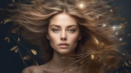 collage Portrait of a WOMAN made of magical objects, Loose hair continues in the form of branches, Double exposure, Nature, Gold and silver luminescent, fluffiness, Wind, multi-layered, Glow, Glare, Warm shades, Airiness, blending, textured, 3D, 8K, best quality, fine rendering, high detail, hyperrealism, high resolution, high definition, multi-layered, highest focus, hyper sharpness, hyperfocus,