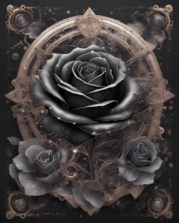 A complex 3D drawing of a steampunk black rose, floating between cosmos, clear lines with a border of black roses and crystals, full color