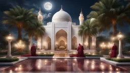 Hyper Realistic people praying outside Beautiful-Decorated-Huge-White-Brick-Mosque with maroon-marble-flooring & Beautiful-Garland-Light-&-Decorations surrounded by a beautiful garden-&-Water-Fountain at beautiful dark night with full-moon & cloudy-sky