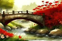 Vista lateral de un puente sobre un arroyo, flores rojas en la orilla, fantasía medieval, alto nivel de detalles, dibujo en acuarelas