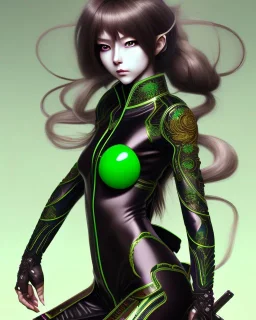 Detailed anime Kunoichi girl, long brown hair, green eyes, black latex bodysuit, intricate details, full body portrait, keep head in frame, slight smile, black Japanese motif, concept art, highly detailed, digital painting, concept art, sharp focus, illustration, art by Yoji Shinkawa, WLOP and greg rutkowski and alphonse mucha and artgerm and yanjun Chen and Junji ito and Makoto Shinkai, HDR, octane render