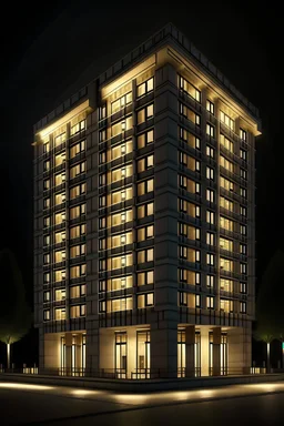 Bank with 9 floors using sandstone urban night scenery, lighting dramatic,