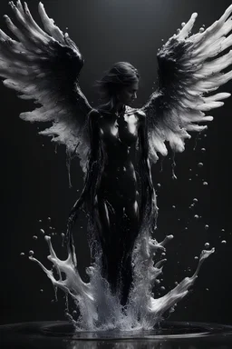 beautiful fallen angel disintegrating into black dripping ink and slime, ink dropping in water, molten lava, ferrofluid, oil, liquid, slime, hyperrealism, intricate and ultra-realistic details, cinematic dramatic light, cinematic film, mattepainting, photobash, rendered in octane, 3d, zbrush, houdini simulation, trending on artstation, Otherworldly dramatic stormy sky and empty desert in the background, gradient of teal and orange, by Mobius and and stefan gesell and zhelong xu