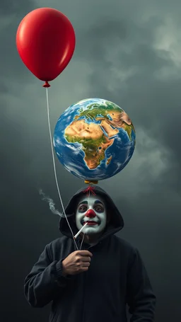 A ballon of earth with a string , a hooded clown man with a cigarette try to blow up the ballon