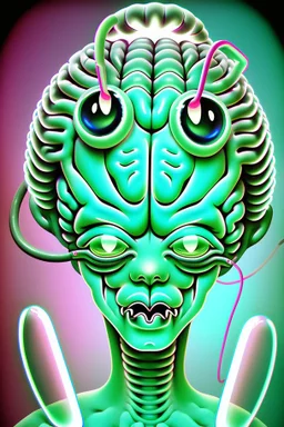 Vintage illustration of a slimey green brain melting, cartoonist animation style, hand drawn, neon lighting, gross art, pop punk, 90s anime inspired, airbrushing, post modern, horror cut, gradient chrome abberations, retro weird drawings, alien brain matter, blood spatter , scifi punk