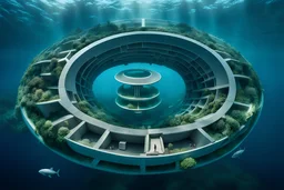 an underwater building in the shape of a twelve-section torus,sea,grey panel,little building