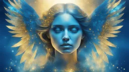 beautiful sad woman angel, double exposure in fantasy style, blue, gold, sparkles, fine rendering, bright colors, photorealism, 3D, with acrylic elements