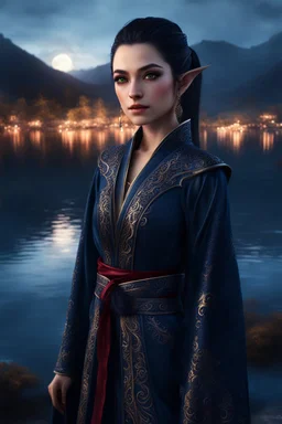 dark eyes, female elf, dark high ponytail hair, detailed ornamental magical robe, 8k, high detail, lake background, midnight, facing viewer