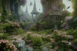 beautiful hyperrealistic secret flower garden in the middle of temple ruins, water fountain, birds flying, highly detailed, digital painting, trending artstation, concept art, illustration, cinematic lighting, vibrant colors, photorealism, epic, octane render