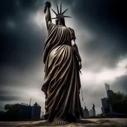 the statue of liberty, dress dirty and torn, her face solemn and terse, trash littered at her feet, she holds a crumpled american flag, she walks away with back turned under a dark and dreary sky, wide angle