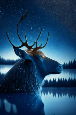 grandpa elk moose with background star field seen in the window of a boat, 4 k, trending art, depth of field, in the style of gorillaz