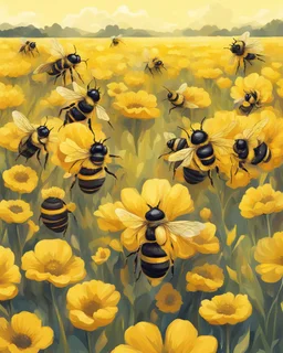 bees on hives on a yellow flower field, abstract illustration