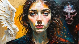 old worn postcard, Portrait Light and darkness in one person, angel and demon in one person, abstract art additional colors small details,