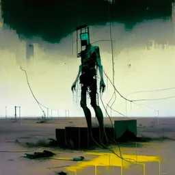 Dystopian future body with a twisted body falling with retro monitor head and handing wires. In desolate landscape low horizonline at night. With a concrete decaying blocks. Abstract oil painting in style of Justin Mortimer and Phil Hale