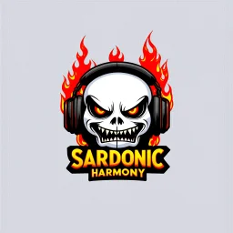 abstract logo for rock band orange text "SARDONIC HARMONY" in a futuristic robotic font, sinister evil marshmallow head with headphones and red flames, horror, black negative space, by Petros Afshar