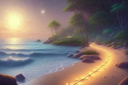 stars beach shore shoreline beautiful, path, night time ,trail, fantasyart, lights glowing ,colorful ,nightsky, water, peace, magical, sanddollar, ocean, full of details,smooth, bright sunshine，soft neon light atmosphere,crystal irridescent light effect，light blue colour, vaporwave colorful, concept art, smooth, extremely sharp detail, finely tuned detail, ultra high definition, 8 k, unreal engine 5, ultra sharp focus