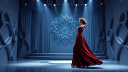 modern stage with gray-blue theme artistic decoration , color full dynamic lighting, a beautiful lady in modern maxy dark dark red dress with shining silver jwells dancing, 3D recursive fractal structure animating background