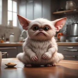 cute fluffy Mogwai Gizmo in kitchen, photorealistic, 3d octane render, fantasy art, cinematic still from movie "Gremlins"