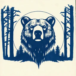 M shaped bear head combined with woods silhouette in backround, letterpress style block print with indigo ink on creamy paper texture, strong contrast