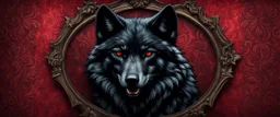 Hyper Realistic Horrifying Black Wolf Portrait with Fancy Frame On Dark Fancy Grungy Red Damask Texture Wall with peeling & vignette effect at night