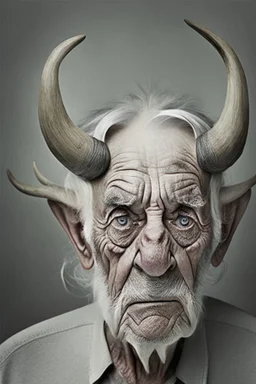 old man with large gray eyes and 2 horns on white hourse